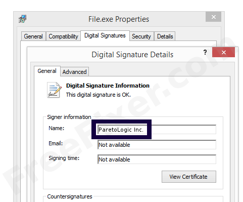 Screenshot of the ParetoLogic Inc. certificate